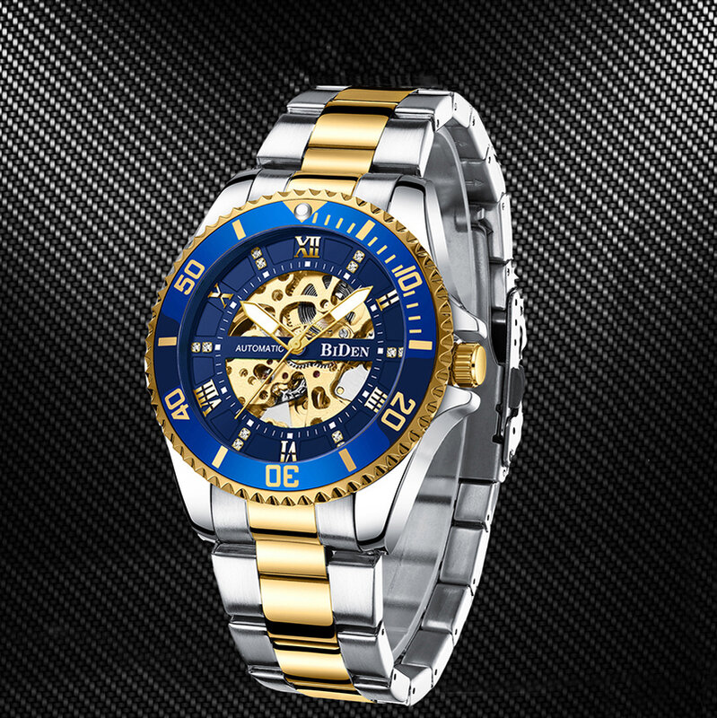 Водонепроницаемые мужские часы BIDEN с полым дизайном, автоматические механические Модные мужские наручные часы с зеркалом Hardlex