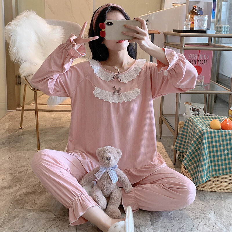Autumn and Winter Pajamas Female Spring and Autumn Cotton Long Sleeve Lovely Summer Home Clothes Two-piece Suit Net Red Beige