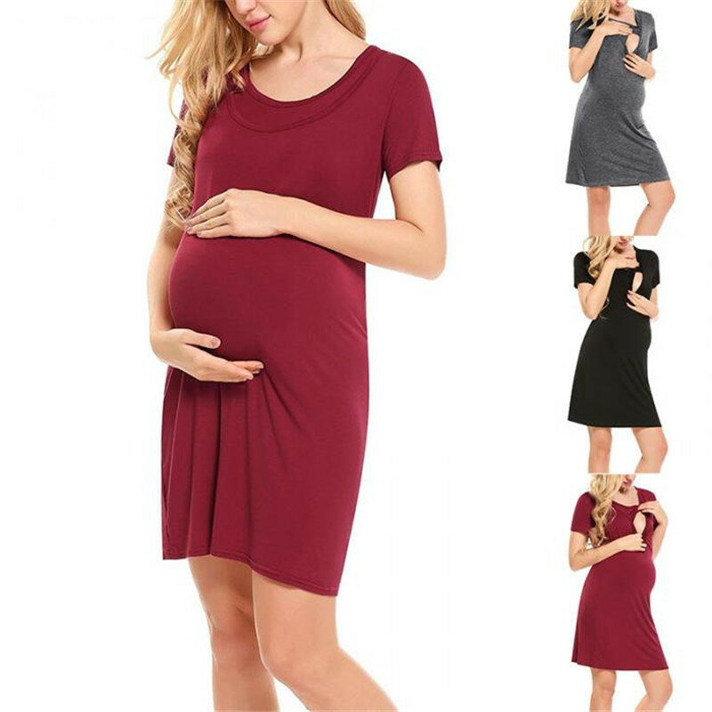 Vestido de maternidade feminino, camisola de algodão para grávidas, manga curta, roupa casual no verão 2020