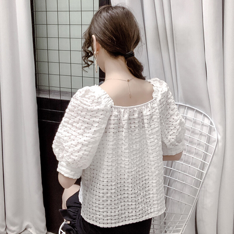 Solid  Bow Square collar shirt Women's 2021 New Hollow Chiffon Puff sleeve Loose Female Ladies top Blouse Shirts Blusas 913A