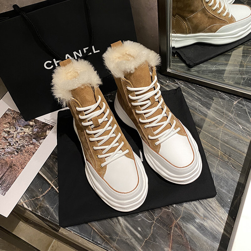 Botas de neve de couro feminino camurça tornozelo botas plataforma sapatos de renda para manter quente senhoras sapatos de pele de inverno botas femininas 2021 novo