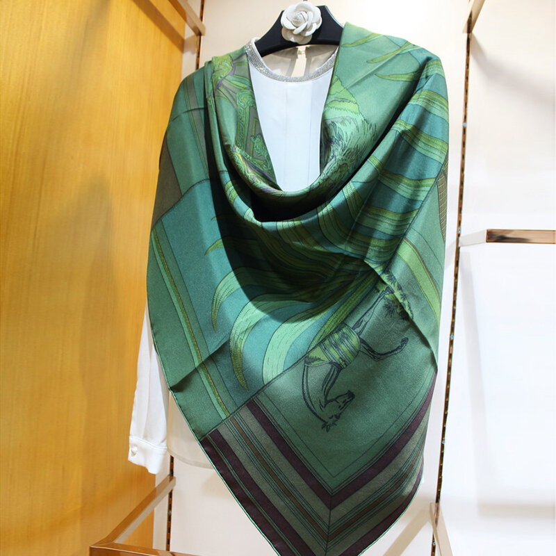 Luxury 100% Twill Silk Scarf Sand Washing Shawl Stole Vintage Indian Tribal Style Human & Horse Print Kerchief Bandana 135*135cm