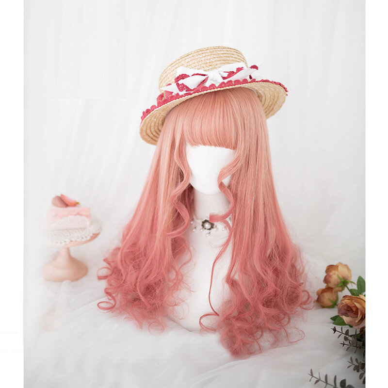 Cosplaymix 55cm melancia ombre vermelho longo encaracolado franja bonito festa de halloween sintético cabelo feminino cosplay peruca + boné
