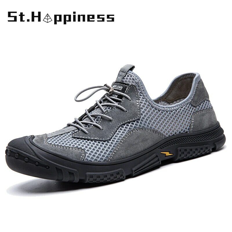 2021 Summer New Men's Leather Mesh Stitching Sneaker Outdoor Breathable Hiking Shoes Luxury Beach Casual Sport Shoes Big Size