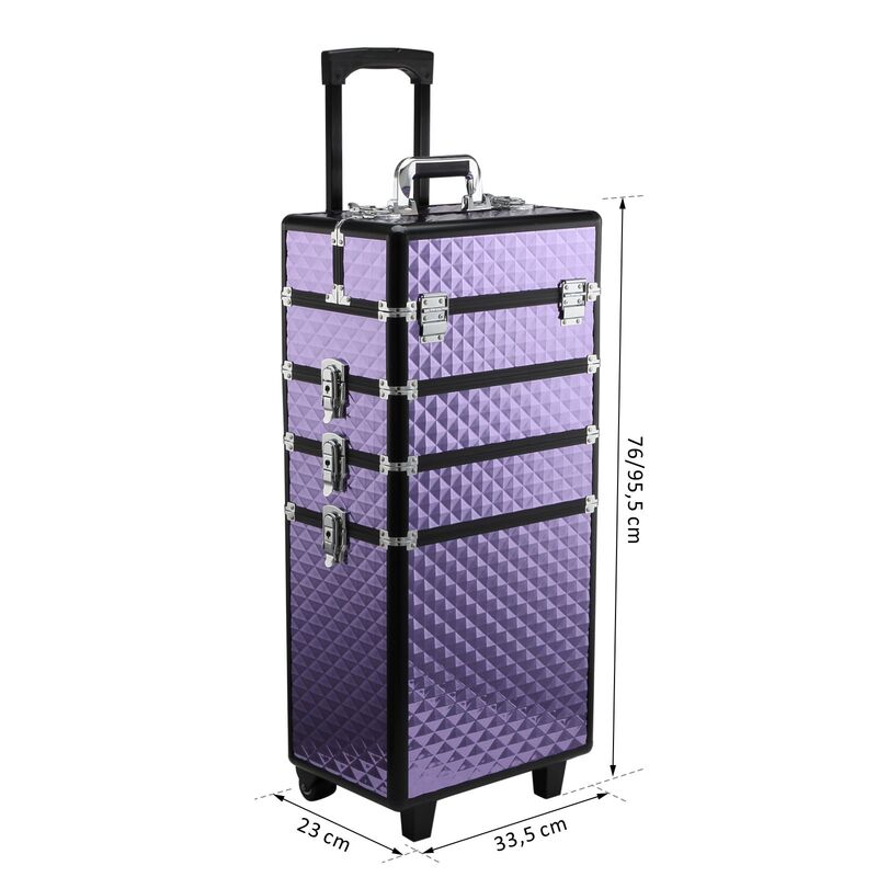 Profesjonalna walizka kosmetyczna z kołami wysuwany uchwyt ze stopu aluminium ze stopu aluminium pokrowiec na wózek 33.5x23x7 6/95.5 cm fioletowy