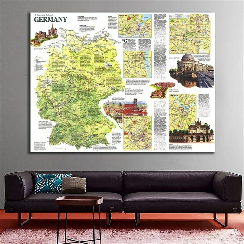 Mapa de un viajero de Alemania de 150x225cm, decoración no tejida, arte de pared, artesanías para el hogar para viajes y viajes
