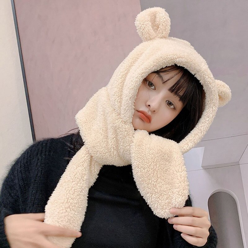 หมีหมวกผ้าพันคอ Hooded Bib หญิงฤดูหนาวเลียนแบบผมแกะญี่ปุ่นหนาหมีน่ารักหูน้ำฤดูหนาวความอบอุ่น ...