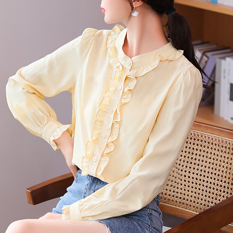 Moda donna increspata top camicette colletto alla coreana camicetta di Chiffon da ufficio camicia a maniche lunghe femminile Blusas Elegantes De Mujer 2021