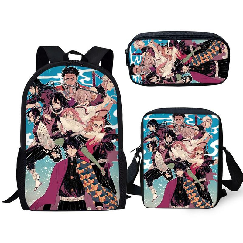 Halyunasc 3 pçs/set mochila escolar infantil-demon-slayer-kimetsu-no-yaiba-padrão sacos de escola dos desenhos animados adolescentes livro-sacos conjunto