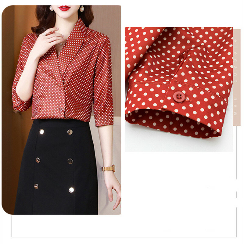 Blusa estampada feminina de bolinhas com decote em v, camiseta e botão vintage para mulheres, de chiffon, 2021