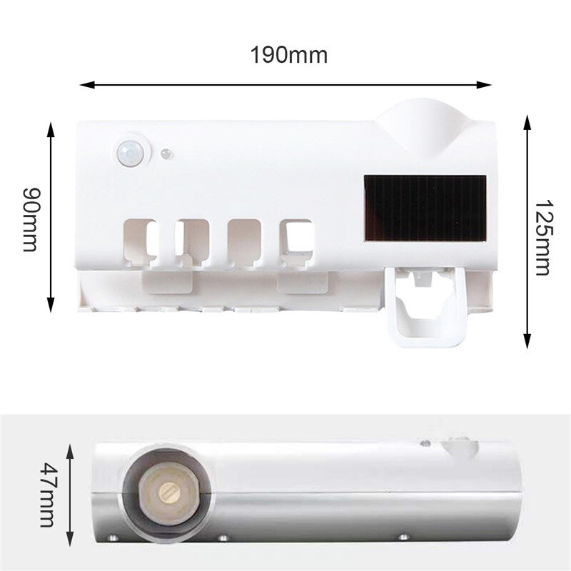 Porte-brosse à dents UV avec distributeur de dentifrice, boîte de rangement avec support multifonction rechargable USB énergie solaire