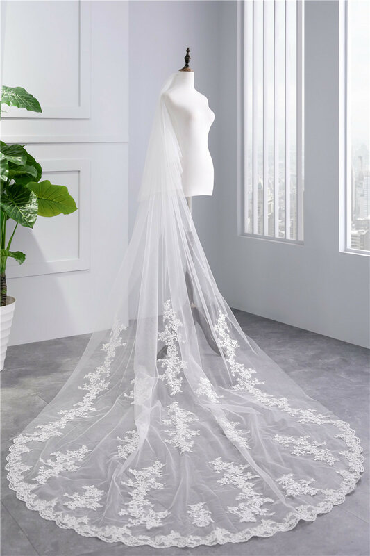 NZUK White Ivory Two Layer Lace Wedding Veil with Comb Cathedral Long Bridal Veils velos para la iglesia Wedding Accessories