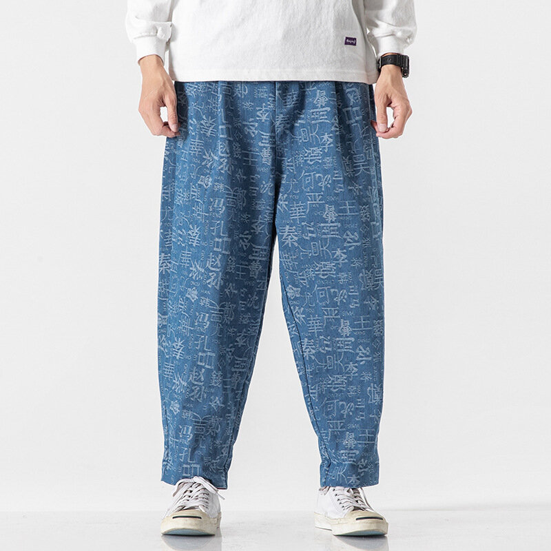 #2580 primavera autumm vintage casual calças largas calças de perna masculina solta jogger jeans estilo chinês impresso streetwear hip hop jeans retro