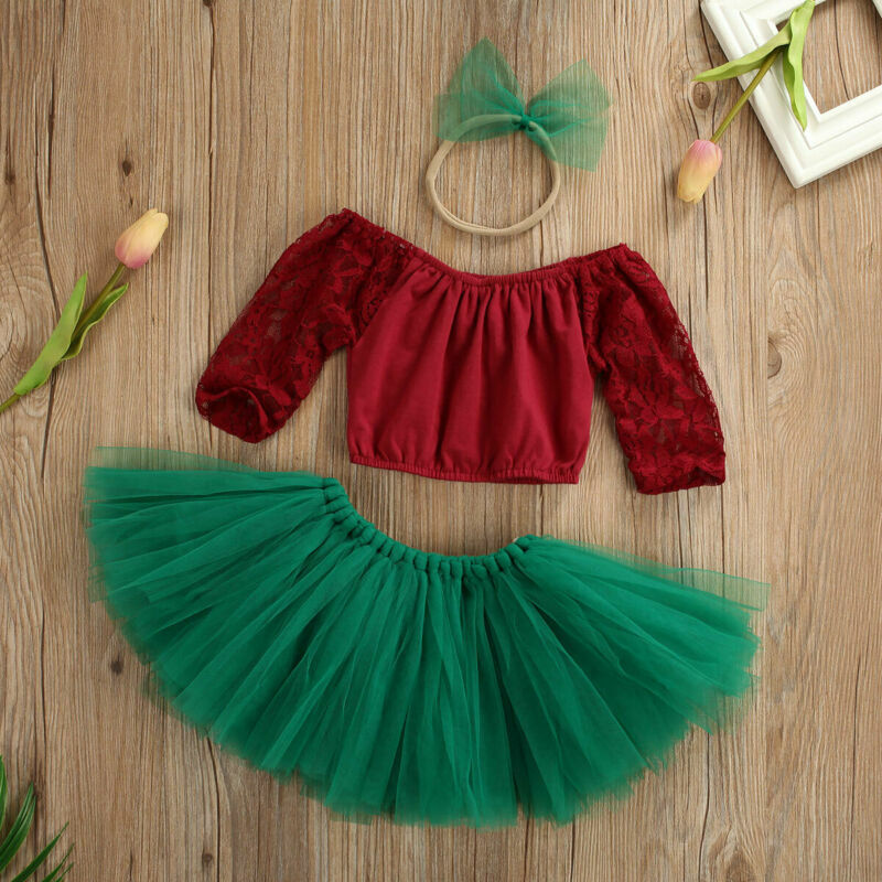 Ropa de Navidad de princesa para niñas pequeñas, Top de retales de encaje + falda de tutú + traje de Navidad de moda con lazo encantador