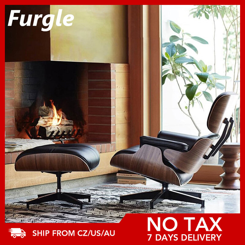 Furgle moderna espreguiçadeira e couro real de madeira de nogueira preta otomana com base resistente apoio cadeira reclinável para relaxamento