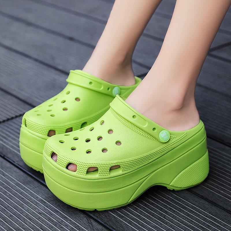 สีชมพูร้อนรองเท้าส้นสูงรองเท้าแตะผู้หญิง Clogs ฤดูร้อน10ซม.เพิ่มรองเท้าเสริมส้นลื่นรองเท้าส้นสตรีรองเท้าแตะแฟชั่น Sepatu Kebun