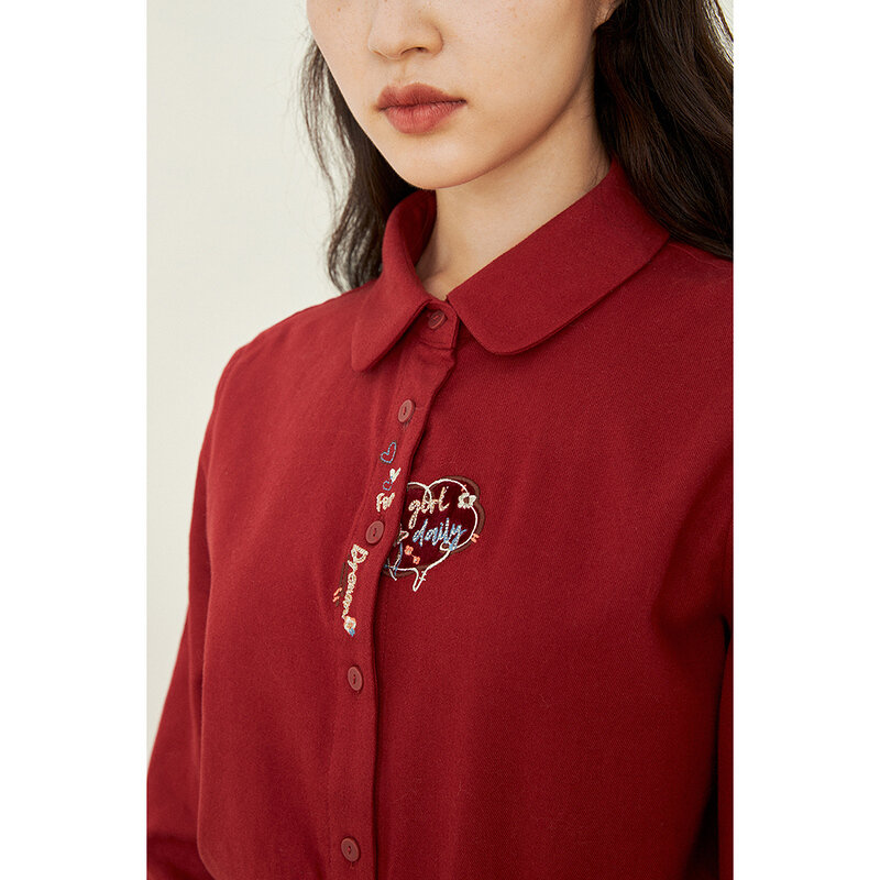 Inman blusa feminina outono inverno gola pontiaguda retro diversão bordado design vermelho ou bege casual manga longa feminino topo