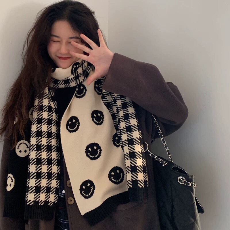 Wool Knitted Scarf Double-sided Smiley Face Scarf Women's Winter Scarf White and Black Foulard Shawl for Female