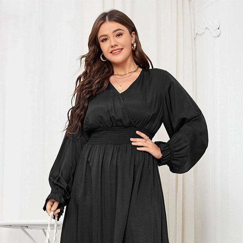 Wxl plus size 4xl vestido feminino outono chique simples elegante puff manga vintage preto senhoras streetwear v-neck roupas femininas