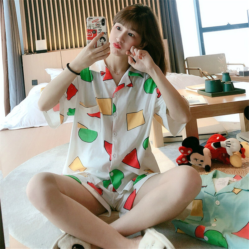 Pijamas de manga curta conjunto para pijamas de algodão feminino 2pcs pijamas bonito impressão homewear verão lounge