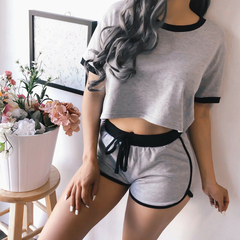 2019 fashion new women's short-sleeved stitching tie casual shorts loose short loose umbilical pajamas set пижама женская 40*