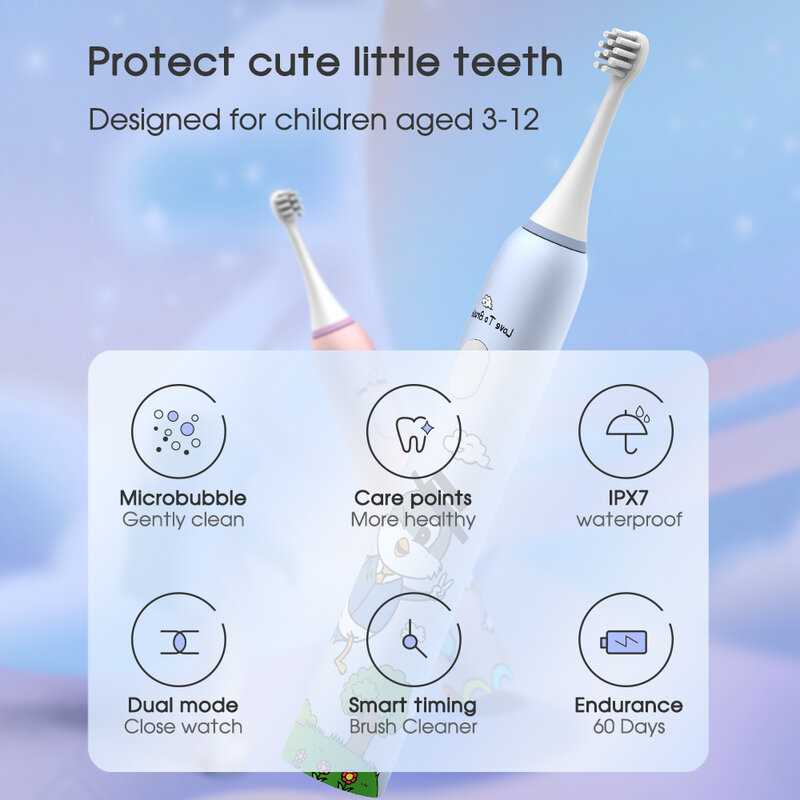 Bohi-男の子と女の子のためのソニック電動歯ブラシ,漫画デザイン,3〜12歳,USB充電,子供用電動歯ブラシ,洗浄,口腔ケア