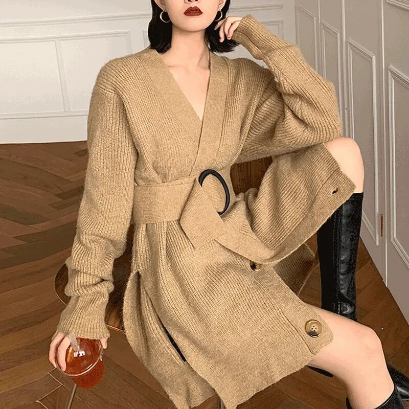 2021 otoño e invierno nuevo ins MEDIADOS DE-longitud neto rojo suelto coreano tejer al fondo de gran tamaño vestido vintage mujer chaqueta