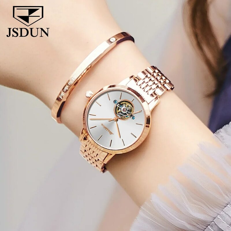 JSDUN Rose Gold Tourbillon นาฬิกากลไกอัตโนมัติผู้หญิงนาฬิกาแบรนด์หรูสร้อยข้อมือผู้หญิงนาฬิกานาฬิกากันน้...