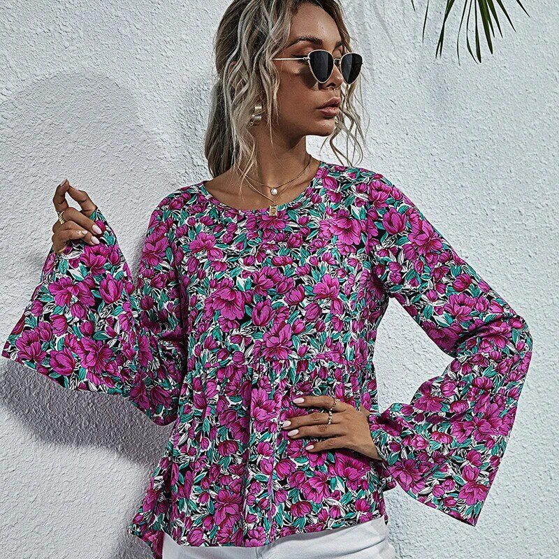 JYSS blusas elegantes polyester long big sleeve rosered floral pattern decoration o neck women tops blouses 60237