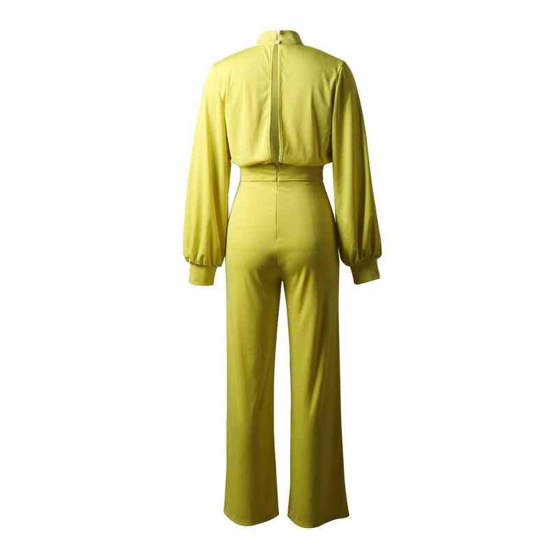 Women Jumpsuit Rompers Autumn Office Lady Sexy Solid Yellow Turnleneck Backless Hollow Out Long Sleeve Wide Leg Loose Jumpsuits