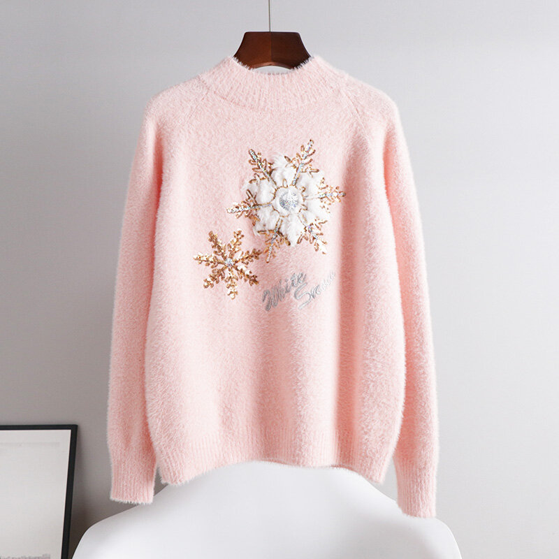 Fall Winter White Sweater Women Plush Loose Knit Pullover Thick Warm Mock Neck Long Sleeve Casual Female Christmas C-181