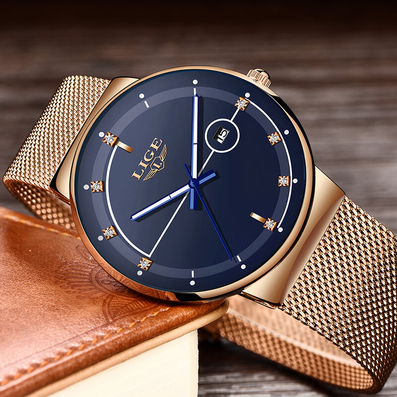 Relogio Masculino LIGE Fashion Mens Watches Top Brand Luxury Ultra Thin Quartz Watch For Men Mesh Strap Waterproof Gold Watch