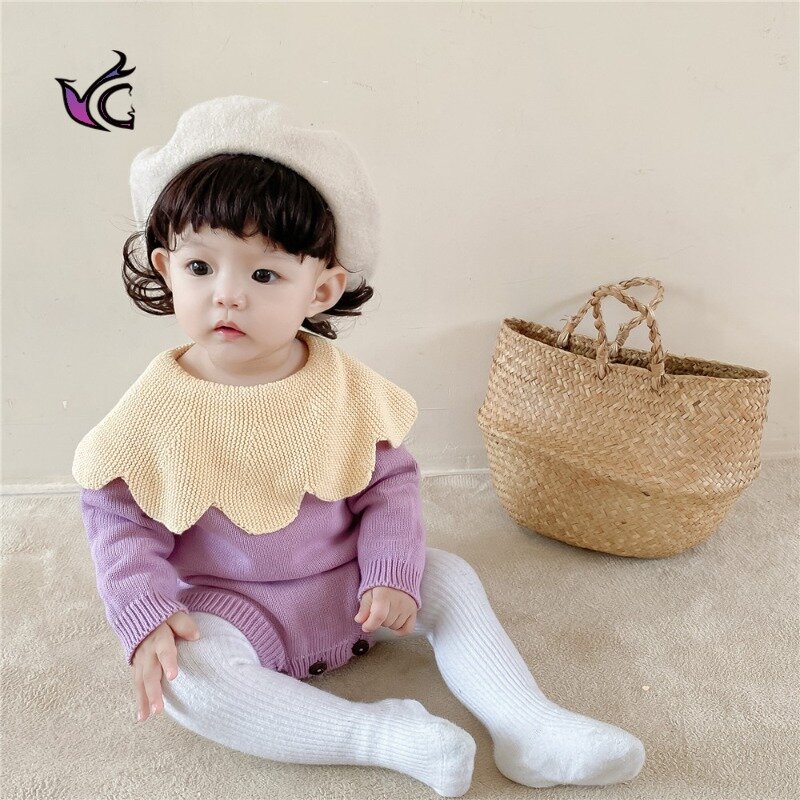 Yg0-2 Year Old Baby Girl's Large Petal Collar Contrast Knitting Wool One-piece Clothes Baby Bag Fart Ha Clothes Climbing Clothes