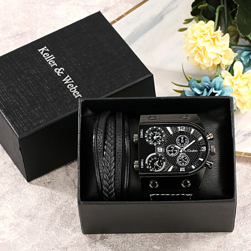 Relógio de pulso casual quadrado dial ampla cinta relógio de quartzo masculino marca de luxo relógio super grande masculino pulseira relógios 2pcs presente conjunto