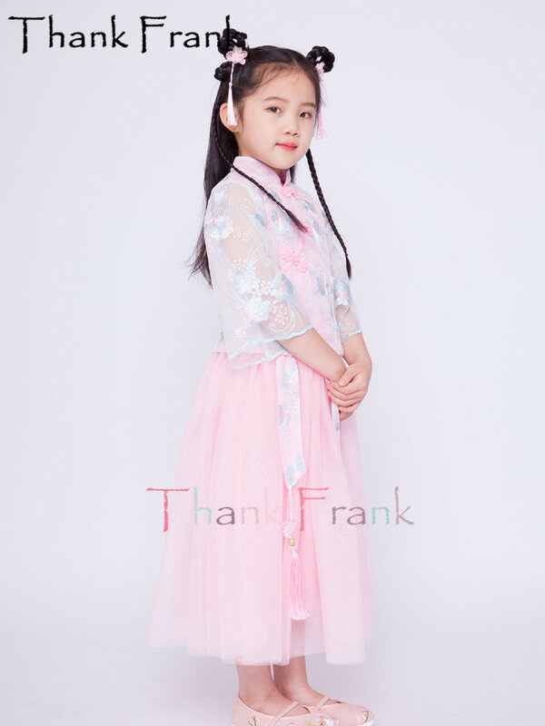 Mới Hồng Hanfu Trang Phục Bé Gái 2-Bộ Bộ Đường Cổ Tích Đầm Trẻ Em Nữ Tay Ngắn Dân Gian Trung Quốc Áo Con Rave vũ Trang Phục C734