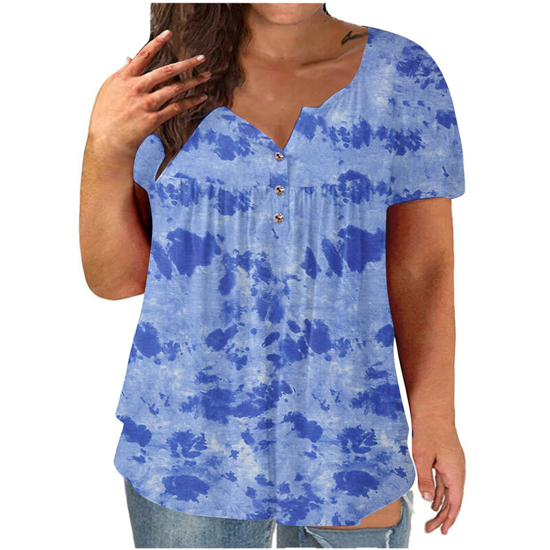 여성 셔츠 블라우스 플러스 사이즈 v-넥 타이다이 프린트 버튼 반팔 티셔츠 블라우스, 팜므 블라우스, 페미 니나 스트리트웨어