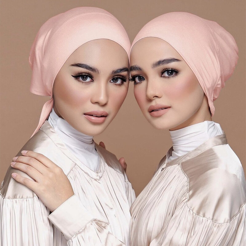 Hijab Elastis Topi Bagian Dalam Muslim Jersey Premium Fashion dengan Tali Kerudung Wanita Yang Dapat Disesuaikan Headwear Turban Islami Warna Solid