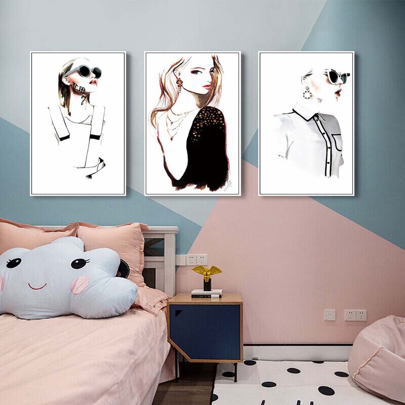 Mode Hadiah Lukisan Model Kacamata Gadis Poster Cat Air Lukisan Kanvas Ruang Tamu Koridor Belajar Dekorasi Rumah Mural