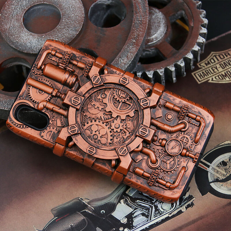 Steampunk Phone Case for Iphone x Cosplay Halloween Party Daily Use Red Copper Cool Phone Case