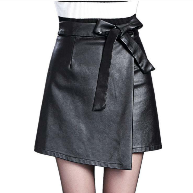 High Waist Women Pu Leather Skirts Casual Irregular Black Mini Skirts With Belt Female Sexy Spring Autumn Slim Saias K1233