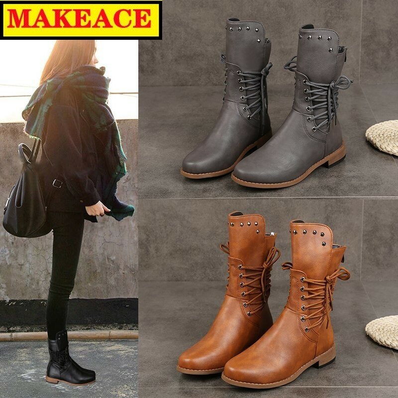 Осенние новые женские ботинки, модные женские ботильоны с заклепками и перекрестной шнуровкой, уличные модные ботинки, модная женская обув...