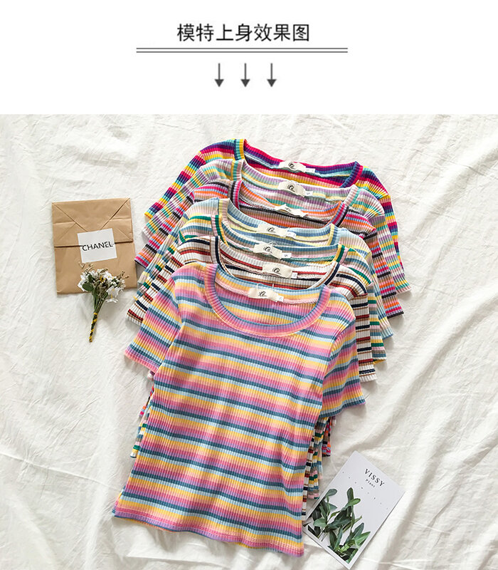 T-shirt Setengah Bergaris Warna-warni Musim Panas Baru 2021new Pakaian Atasan Pelangi Lengan Pendek Super-panas Influencer Online Wanita