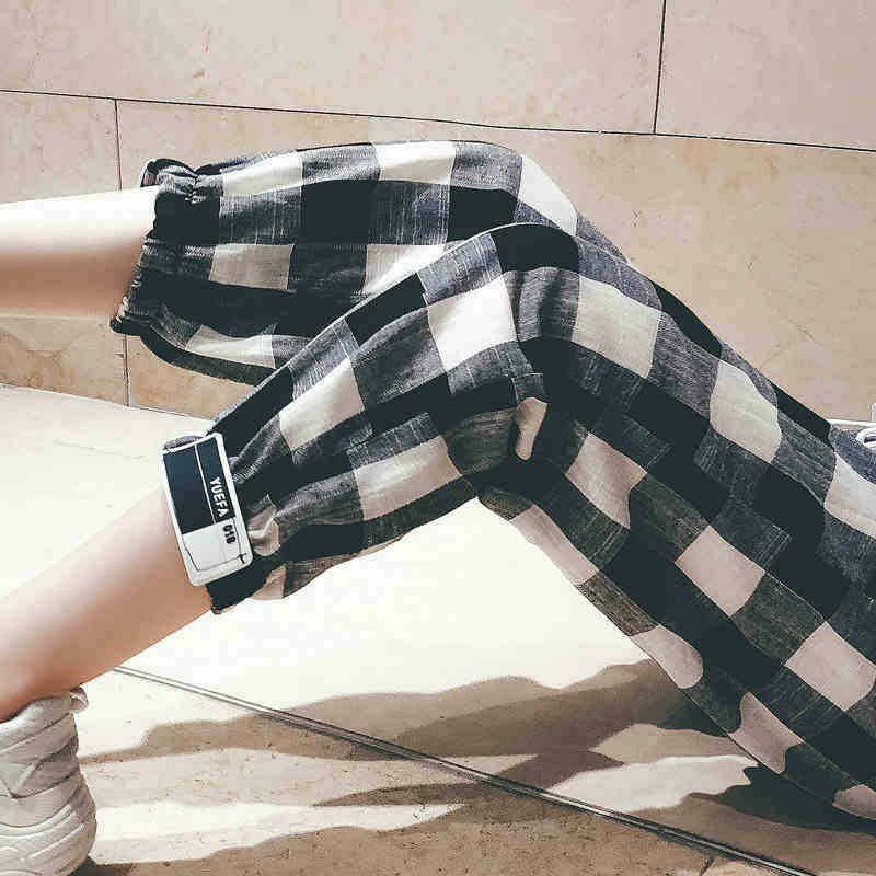 Calça feminina casual folgada com estampa xadrez, cintura alta, elástica, harém, preto, vermelho, calça capri s1