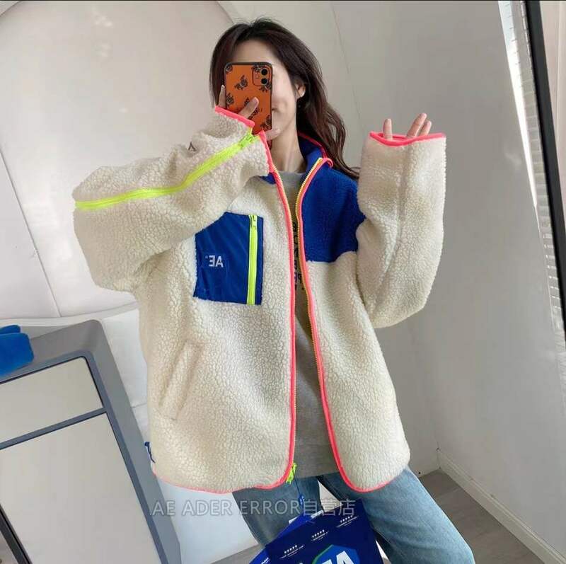 ADER 오류 고품질 양고기 양모 스티치 자켓 여성 한국어 스타일 패션 앞면과 뒷면 더블 지퍼 코튼 자켓 남여