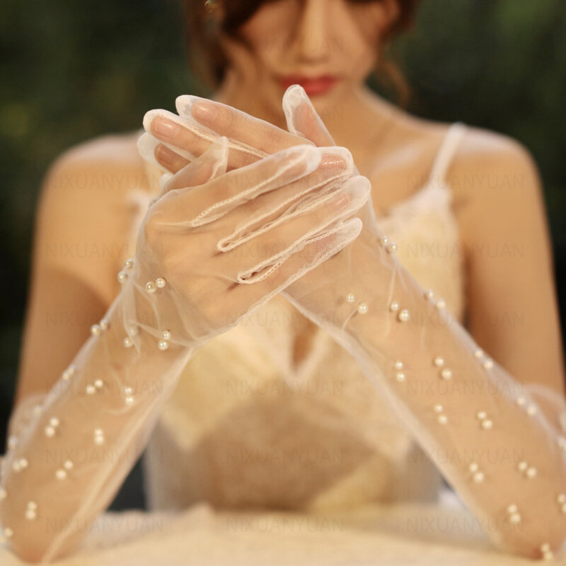 Vintage Transparent Wedding Gloves Pearls Long Elbow Gants Women Party Bridal Gloves Shooting Photo Accesorios De Novia