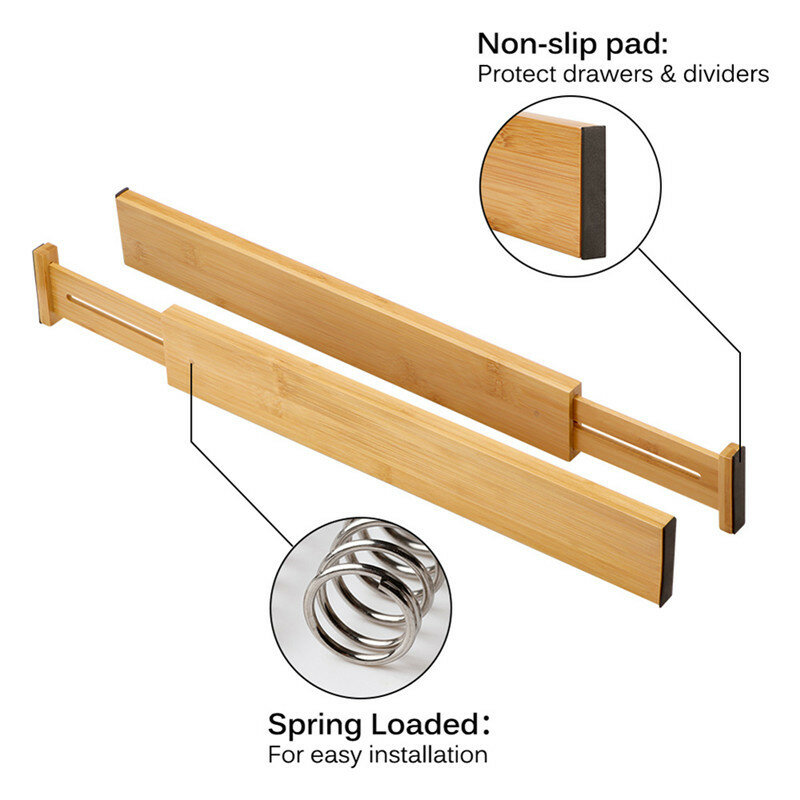 4 Pack Bamboo Drawer Dividers Home Kitchen Bedroom Spring Loaded Adjustable Drawer Separators