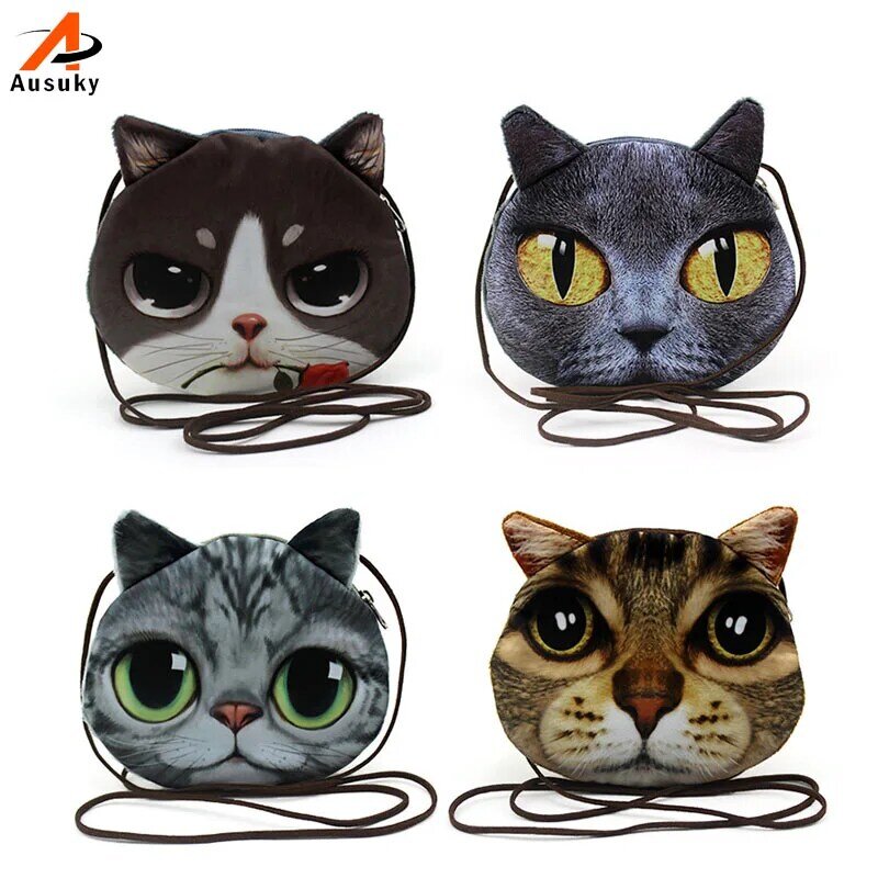 Tas Bahu Boneka Kucing Lucu 3D Dompet Koin Mode Anak-anak Model Hewan Kucing/Anjing Porte Monnaie Homme