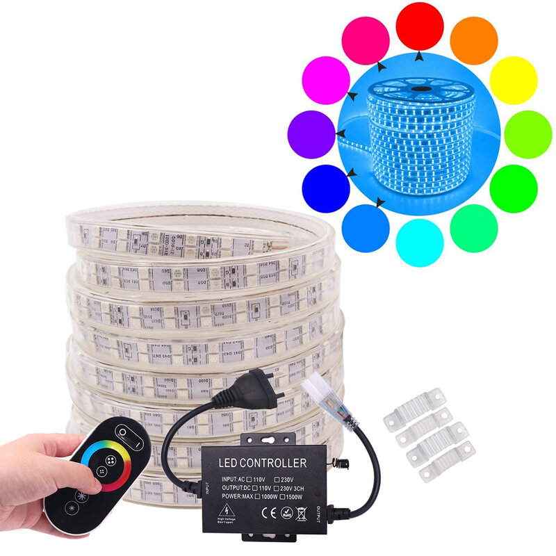 120LED/m LED Strip Light RGB 5050 220V RF Touch Remote Controller Super Bright Double Row Waterproof Flex Ribbon Home Decoration