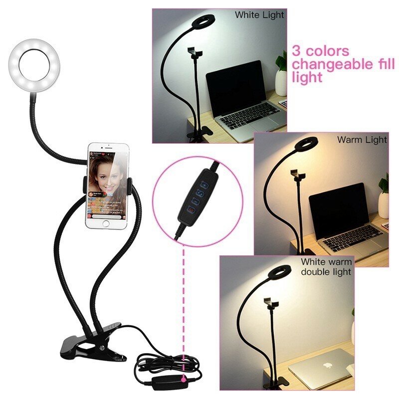 محمول فلاش كاميرا الهاتف ضوء USB LED Selfie مصباح مصمم على شكل حلقة مع حامل هاتف محمول مرنة الذراع الطويلة التسليم السريع