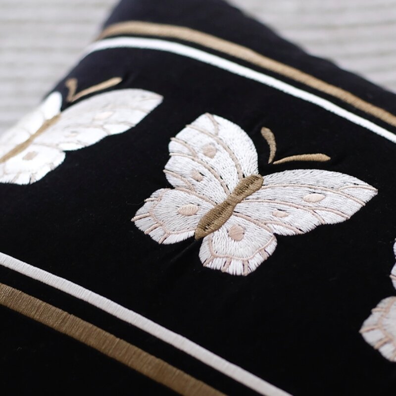 DUNXDECO French Decor Butterfly Embroidered Cushion Cover Decorative Pillow Luxury Artistic Black Velvet Sofa Chair Bed Coussin